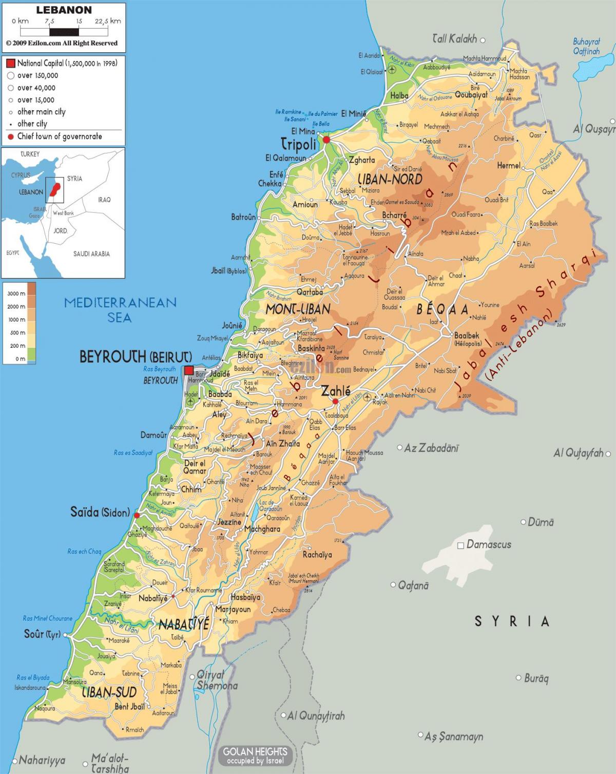 karta över fysiska Libanon