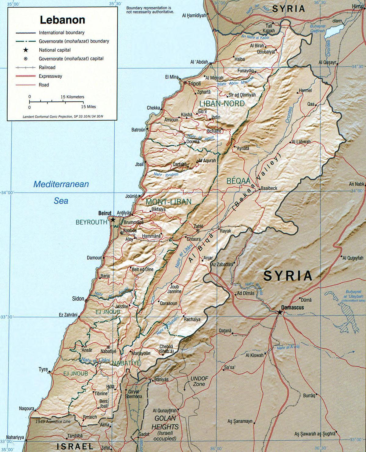 karta över Libanon geografi