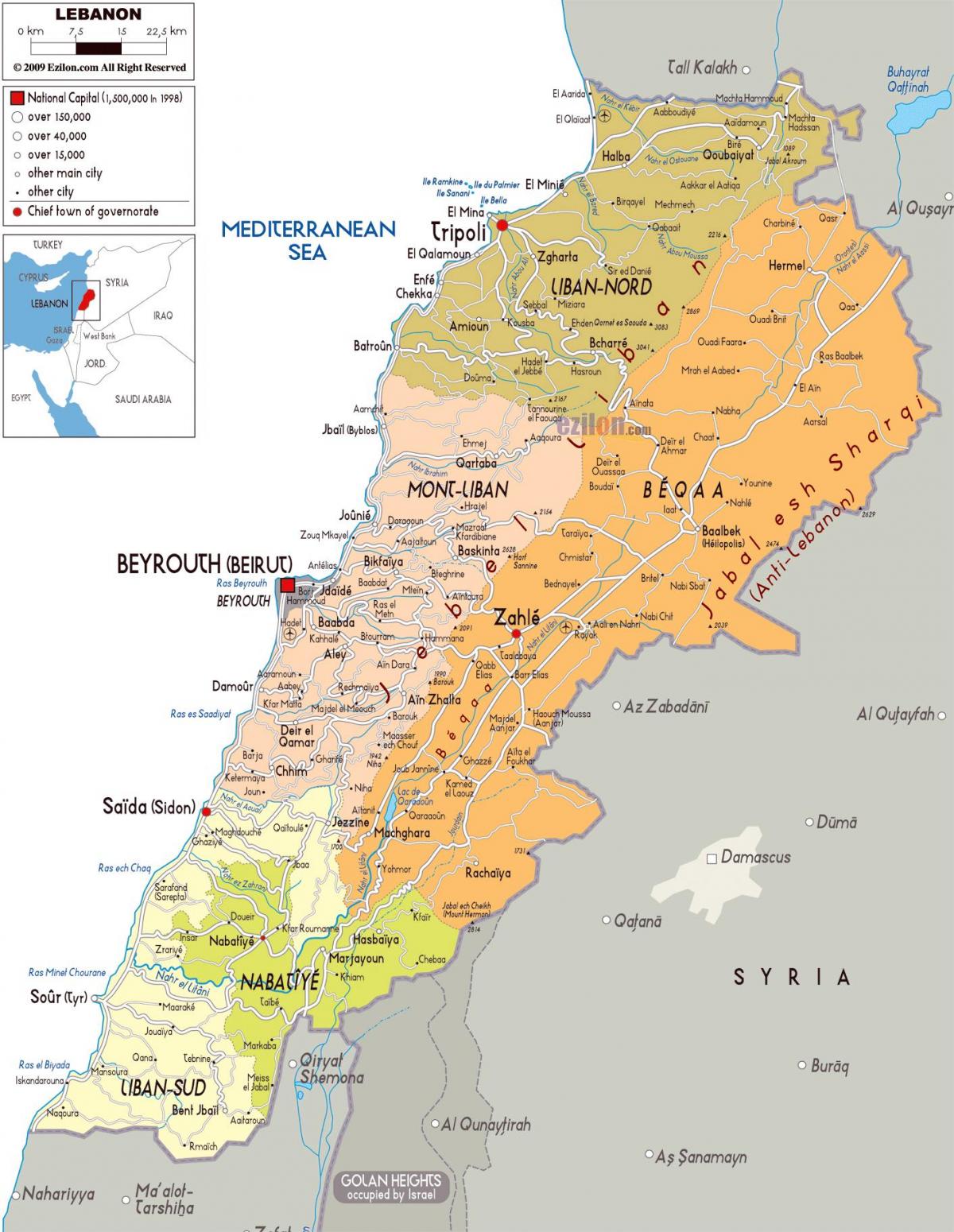 Libanon detaljerad karta