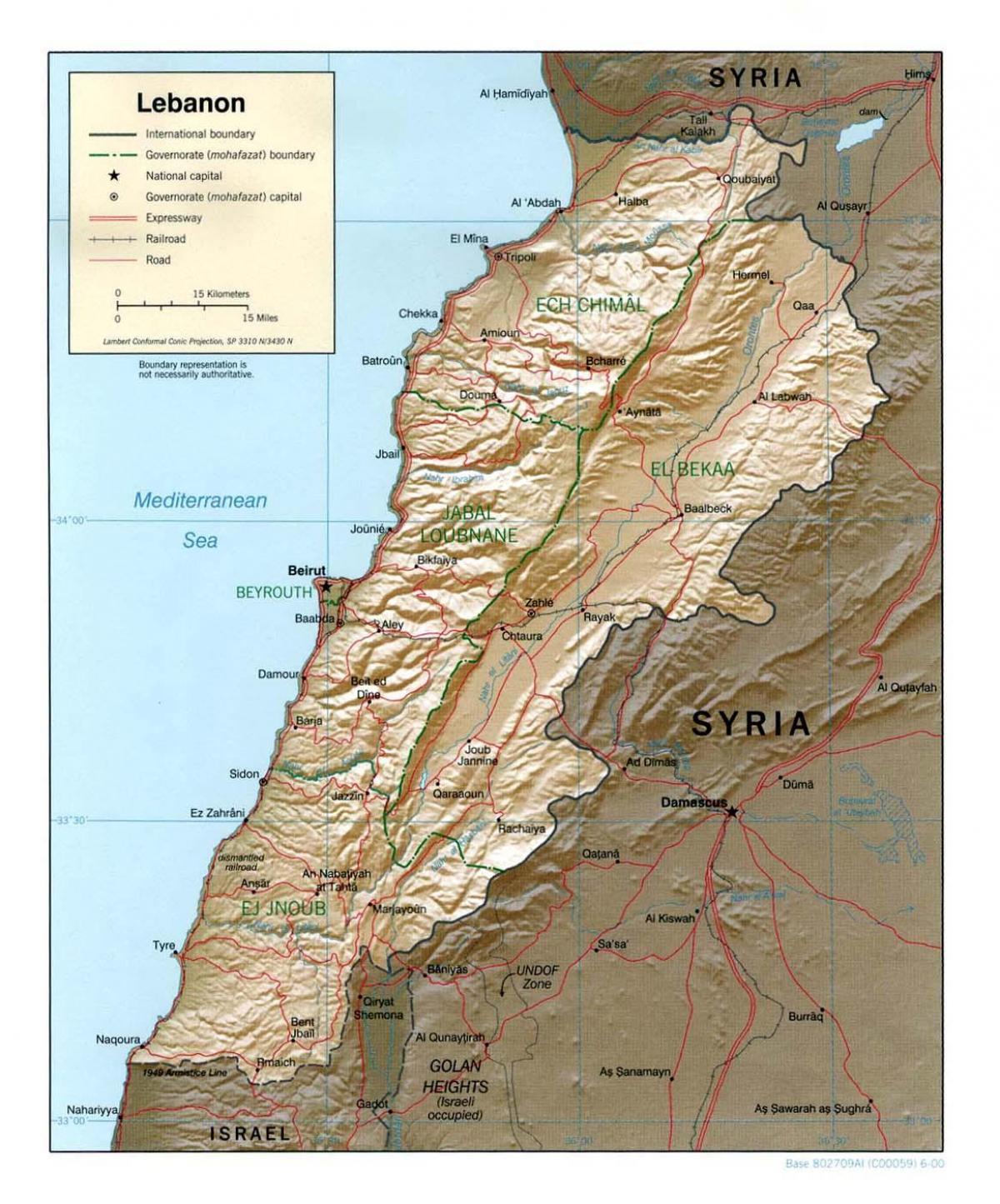 karta över Libanon topografiska